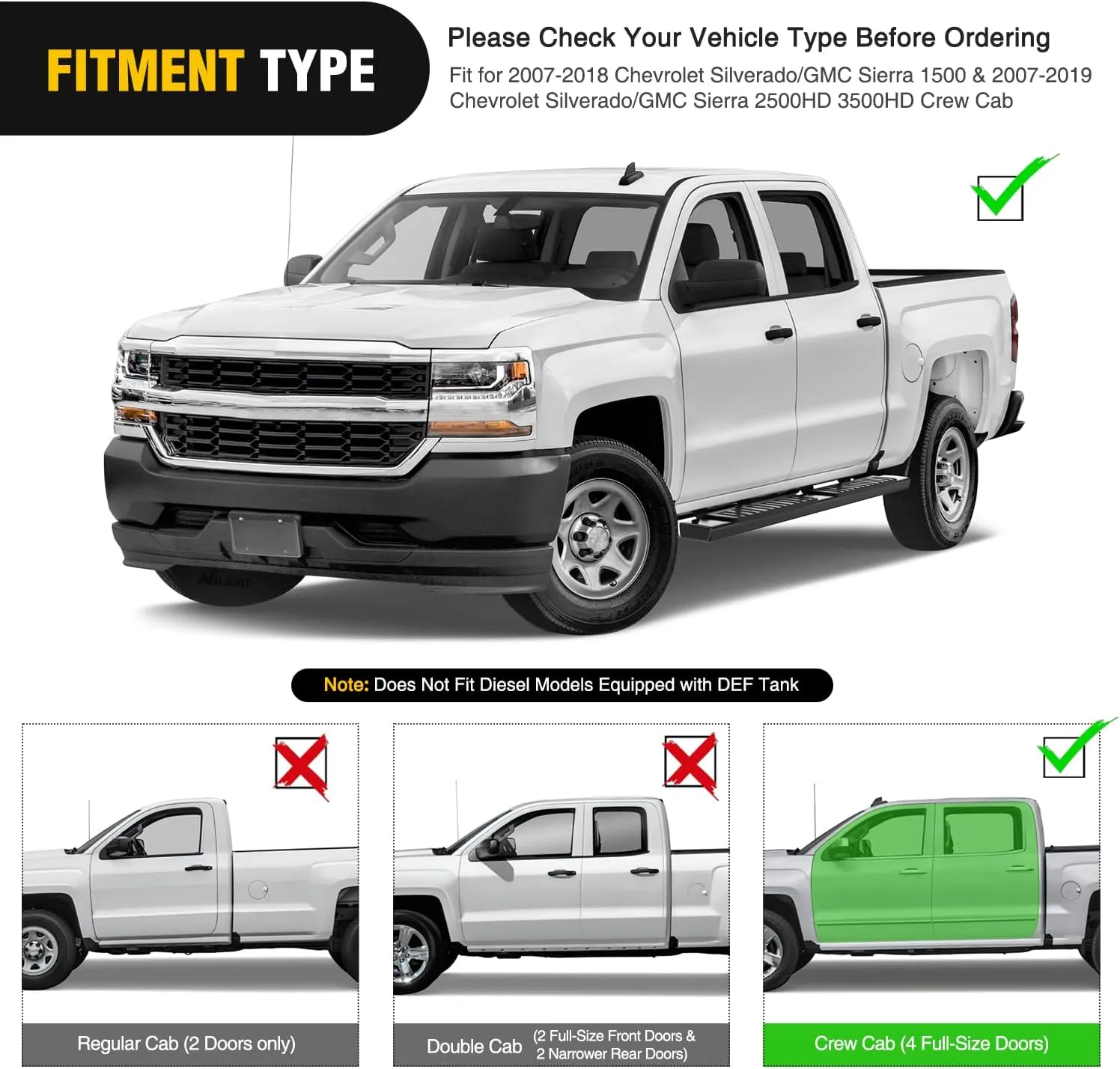2007-2018 Chevy Silverado/GMC Sierra 1500 Crew Cab 2007-2019 Chevy Silverado/GMC Sierra 2500HD 3500HD 6 Inch Slip-Proof Aluminum Side Step Nerf Bars