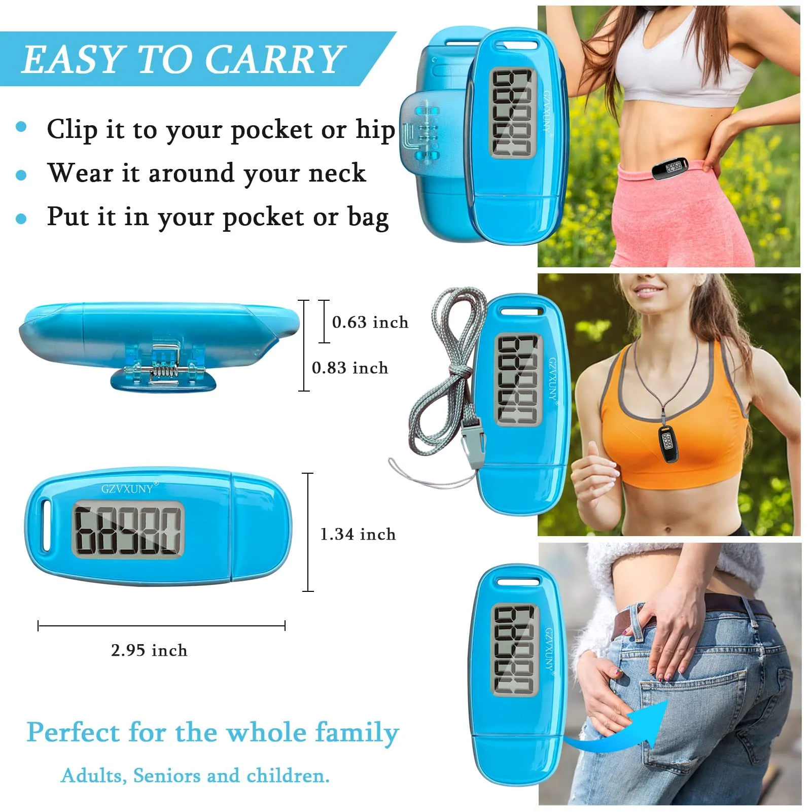 3D Pedometer Clip On, Simple Walking Step Counter with Backlight, USB Rechargeable Accurate Step Counter, Daily Target Monitor, Exercise Time (Blue)