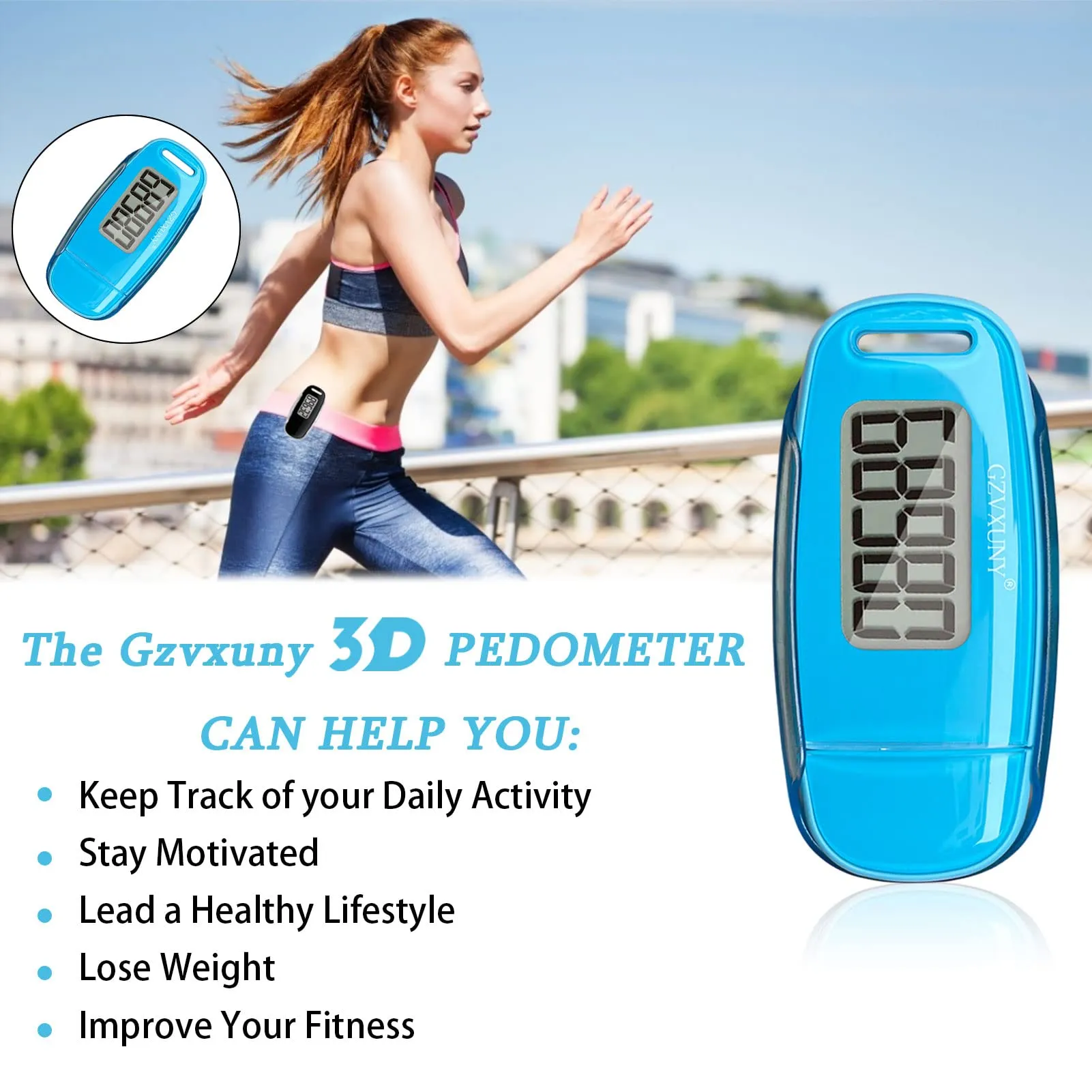 3D Pedometer Clip On, Simple Walking Step Counter with Backlight, USB Rechargeable Accurate Step Counter, Daily Target Monitor, Exercise Time (Blue)