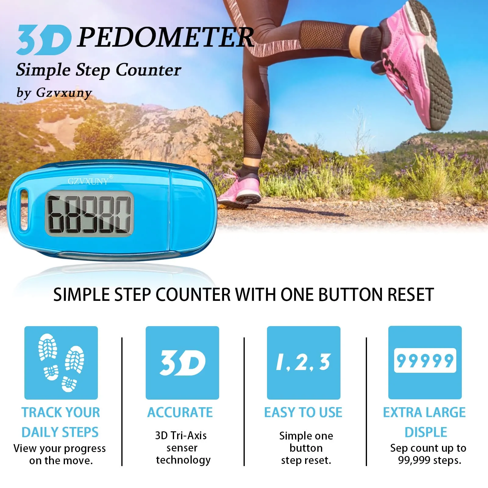 3D Pedometer Clip On, Simple Walking Step Counter with Backlight, USB Rechargeable Accurate Step Counter, Daily Target Monitor, Exercise Time (Blue)