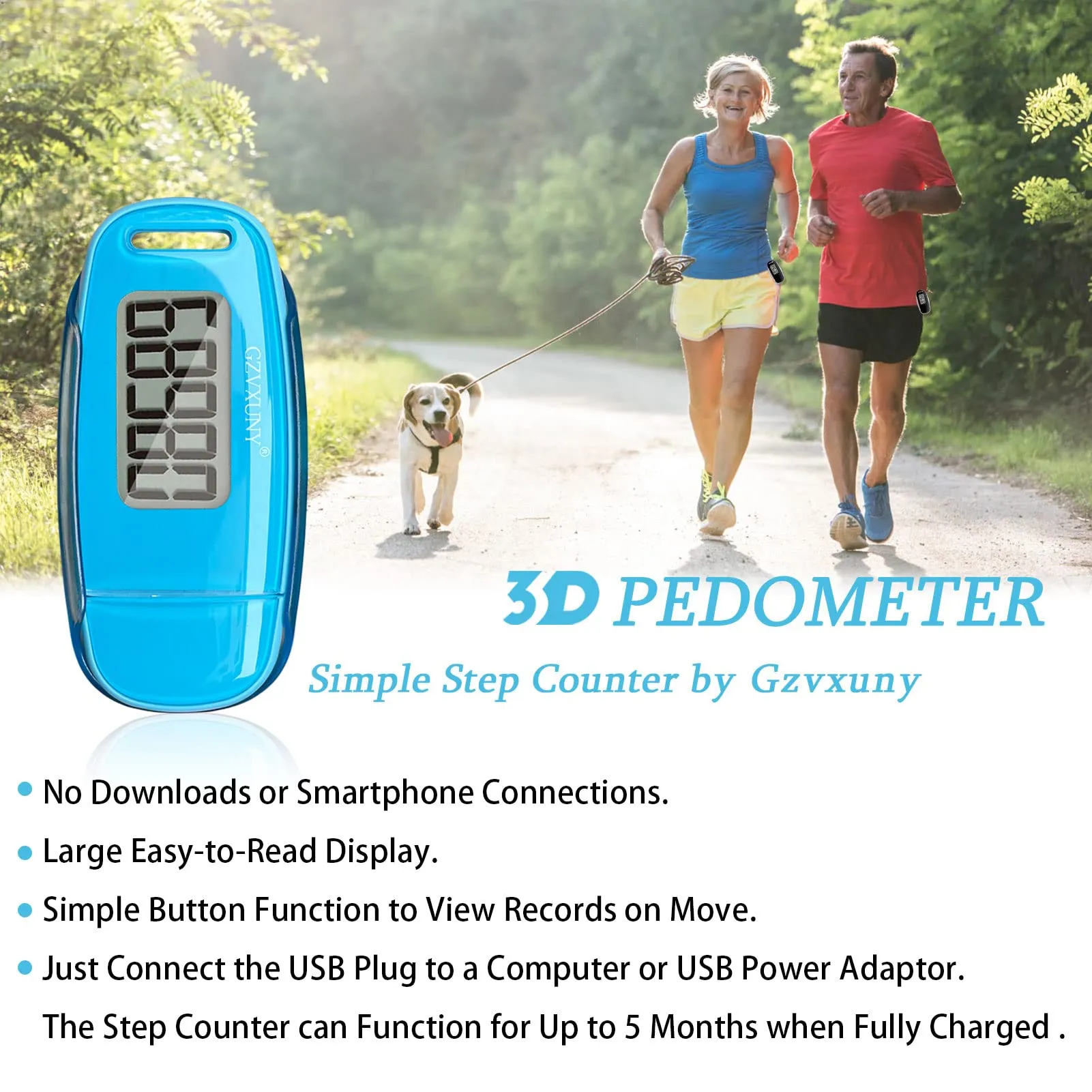 3D Pedometer Clip On, Simple Walking Step Counter with Backlight, USB Rechargeable Accurate Step Counter, Daily Target Monitor, Exercise Time (Blue)