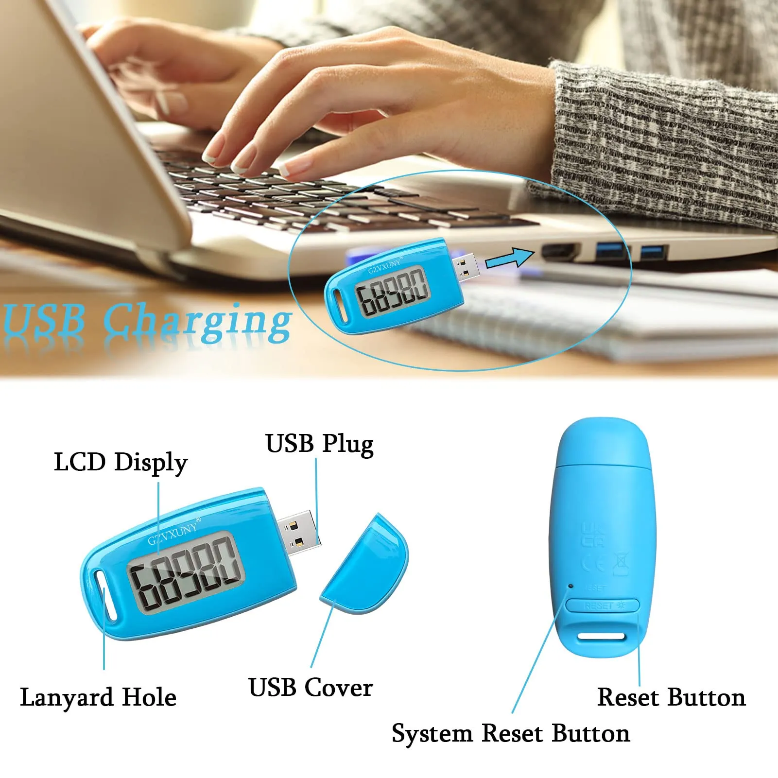 3D Pedometer Clip On, Simple Walking Step Counter with Backlight, USB Rechargeable Accurate Step Counter, Daily Target Monitor, Exercise Time (Blue)