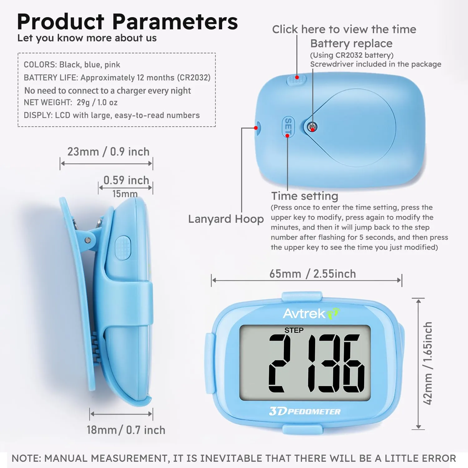 3D Step Counter Clip On with LED Backlight Pocket Pedometer for Walking Outdoor Activities Fitness Tracker Without Smartphone BLACK