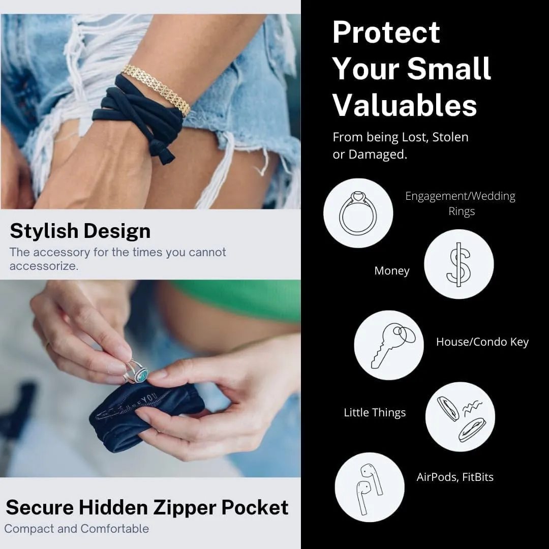 Bandits Original Bracelet with Hidden Zipper Pocket by Ring Protect Your Rings at the Gym, Work, Travel | Black-M