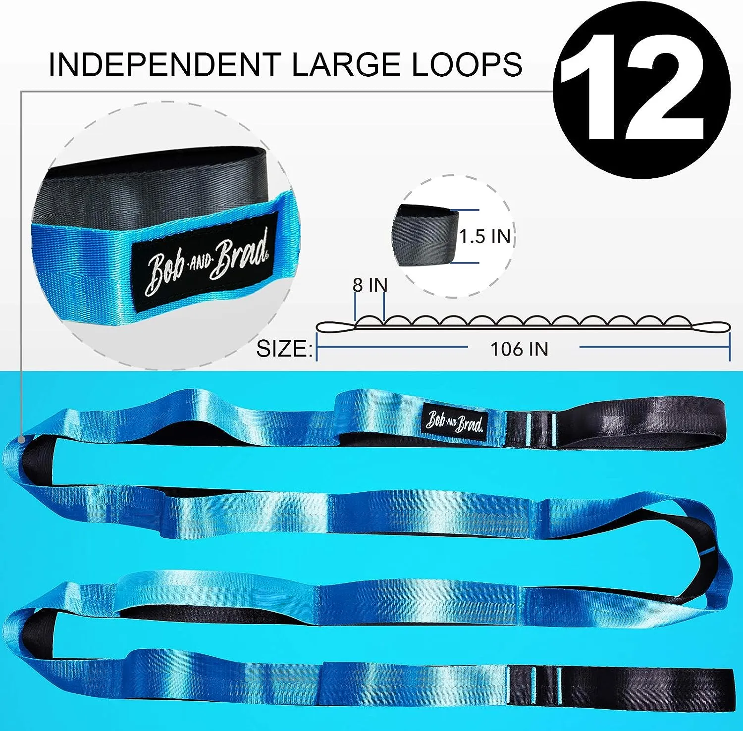 BOB AND BRAD Stretch Strap, 12 Loop Yoga Stretch Strap, Non-elastic Stretch Strap for Stretching, Physical Therapy, Pilates, Dance, Gymnastics, and Athletic Trainers with Carry Bag