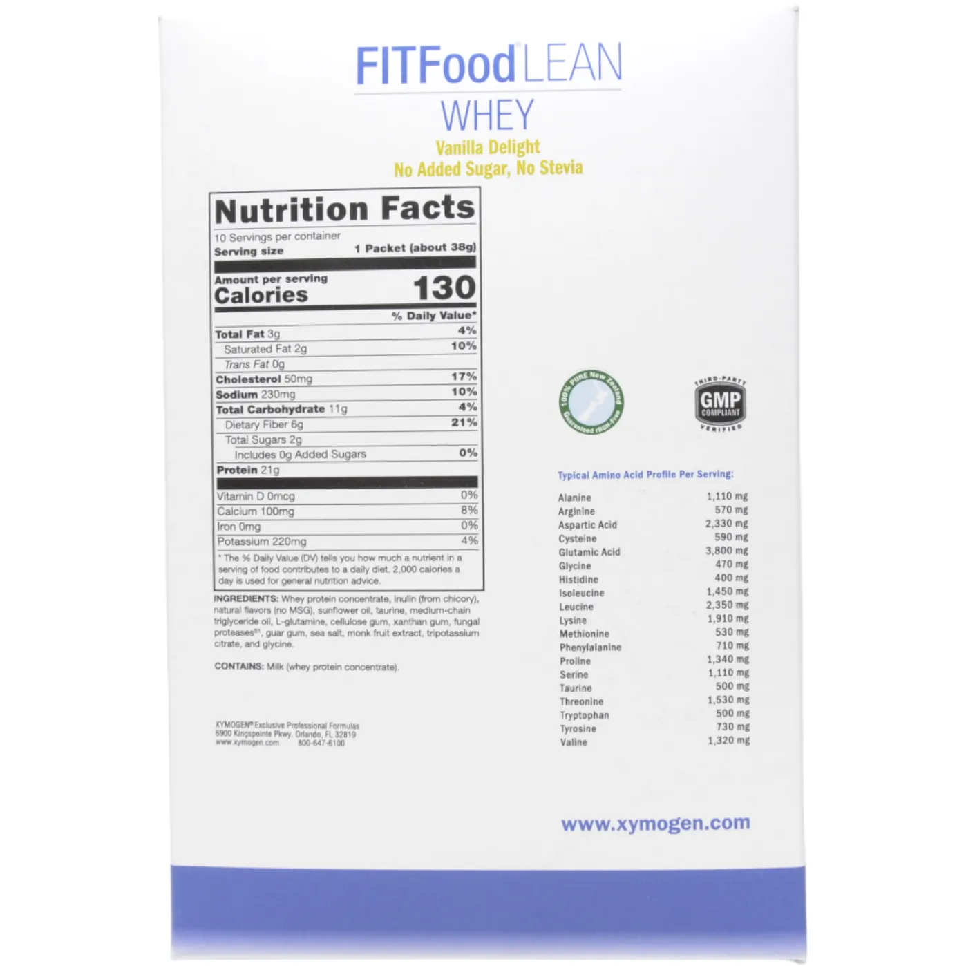 FIT Food Lean Whey: Vanilla Delight (No Added Sugar, No Stevia) 10 Servings by Xymogen