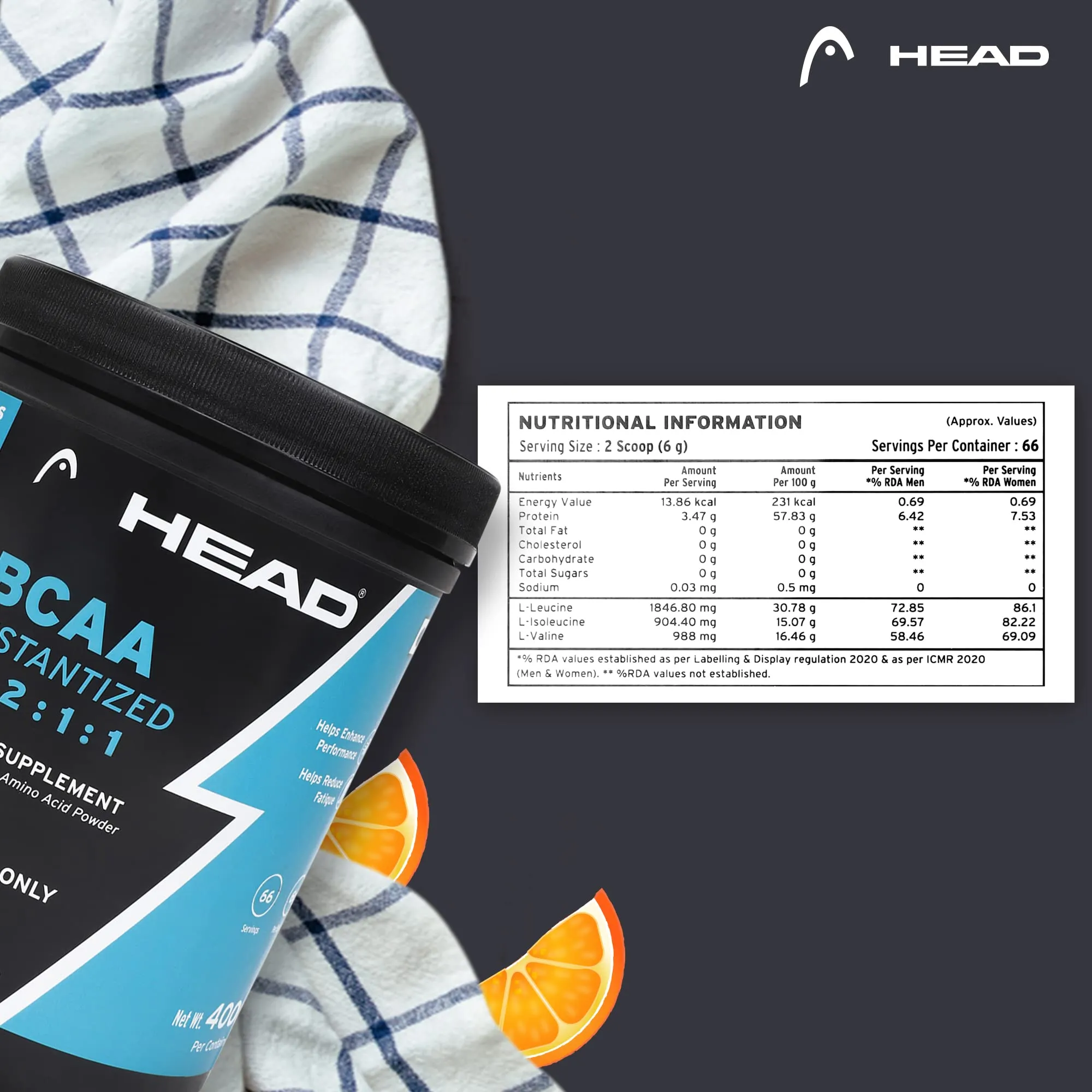 Head BCAA Powder for Adults 250g (42 Servings, Post/Intra Workout ,Orange Flavor) - Muscle Recovery, Endurance & Athletic Performance