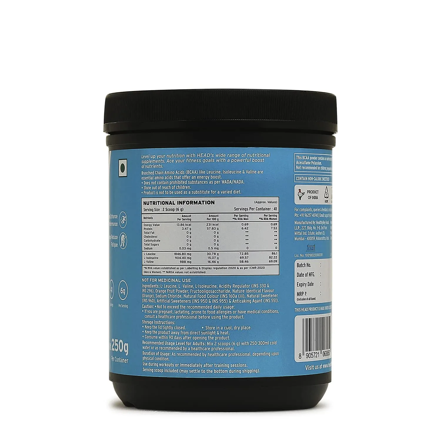 Head BCAA Powder for Adults 250g (42 Servings, Post/Intra Workout ,Orange Flavor) - Muscle Recovery, Endurance & Athletic Performance
