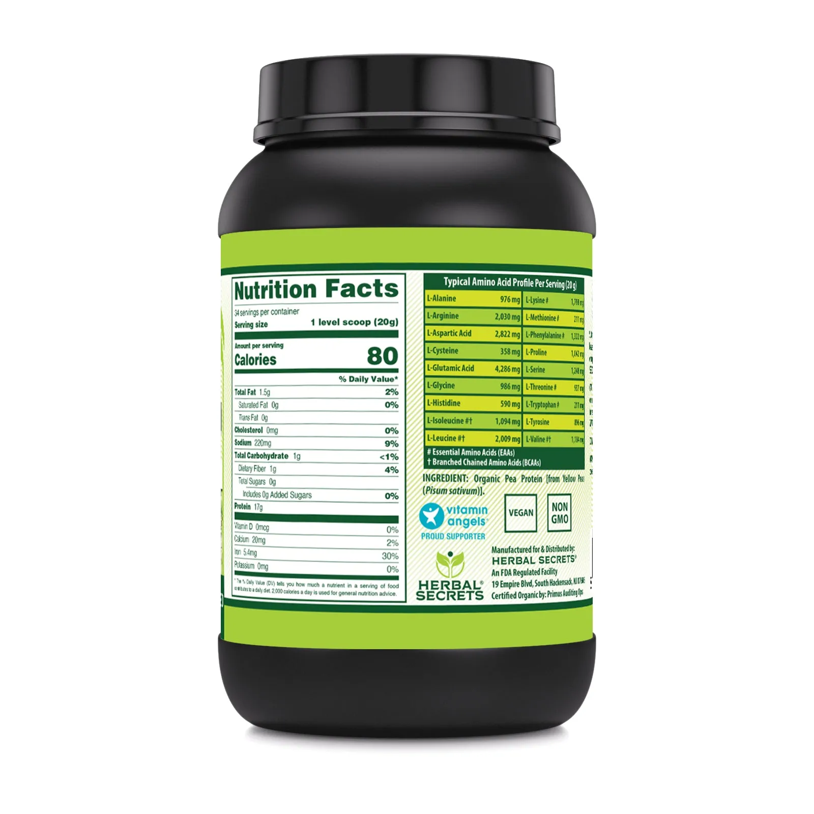 Herbal Secrets Pea Protein Powder | 2 Lb. | 17 Grams Protein per Serving | 34 Servings | USDA Organic