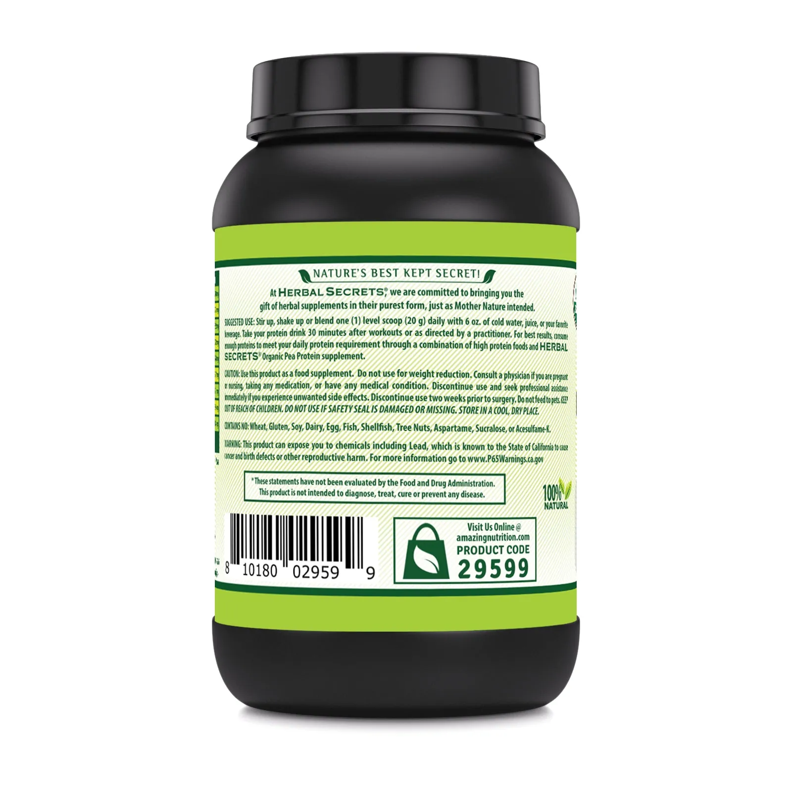 Herbal Secrets Pea Protein Powder | 2 Lb. | 17 Grams Protein per Serving | 34 Servings | USDA Organic