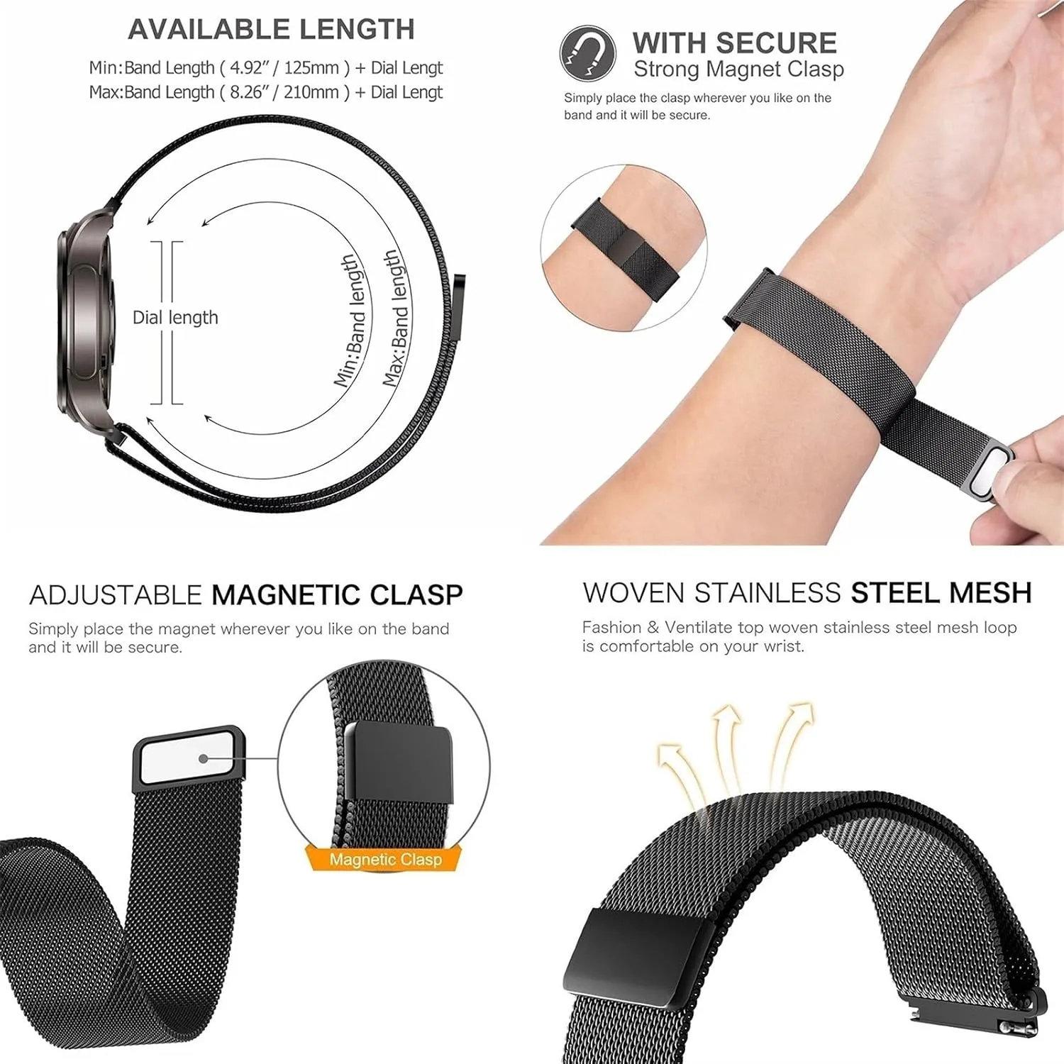 Stainless Steel Mesh Metal Watch Band 12mm 14mm 16mm 18mm 20mm 22mm 24mm Quick Release Magnetic Adjustable Watch Strap Mesh Woven Smartwatch Replacement Straps for Men Woman