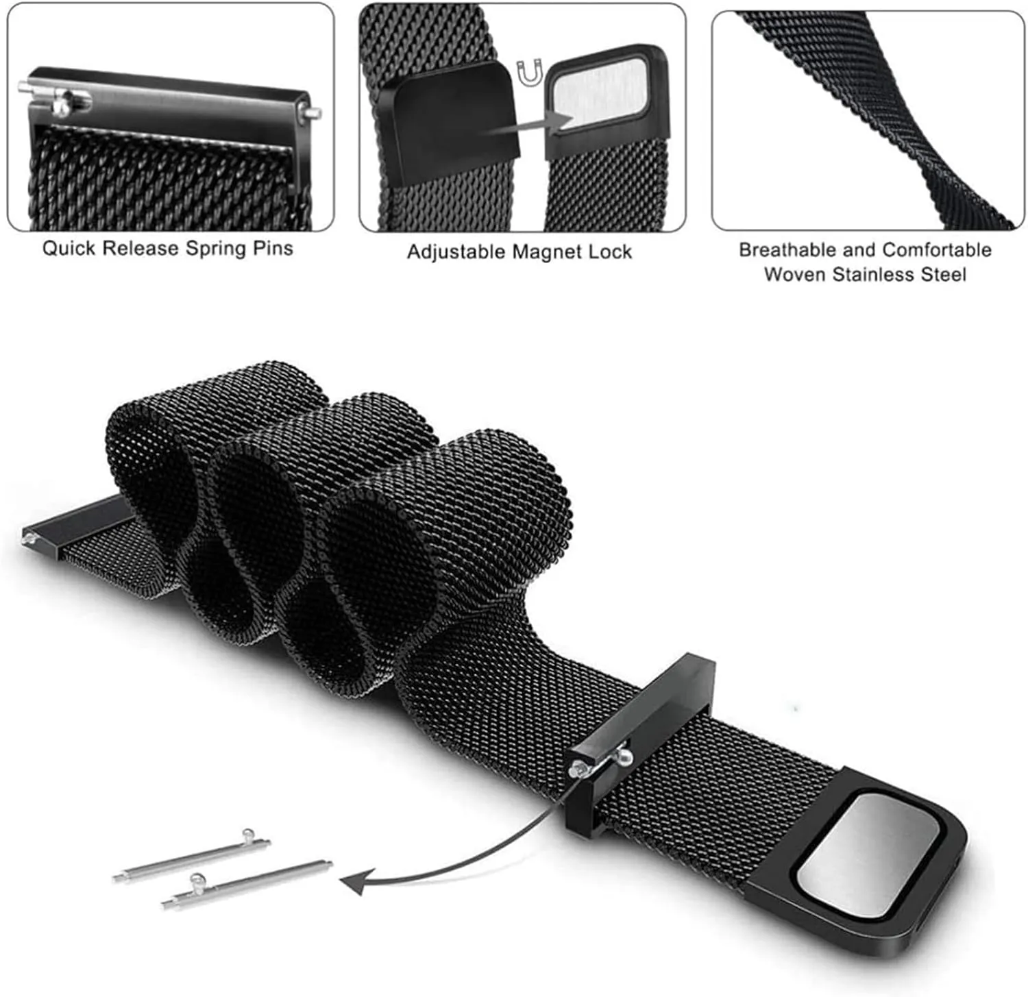 Stainless Steel Mesh Metal Watch Band 12mm 14mm 16mm 18mm 20mm 22mm 24mm Quick Release Magnetic Adjustable Watch Strap Mesh Woven Smartwatch Replacement Straps for Men Woman