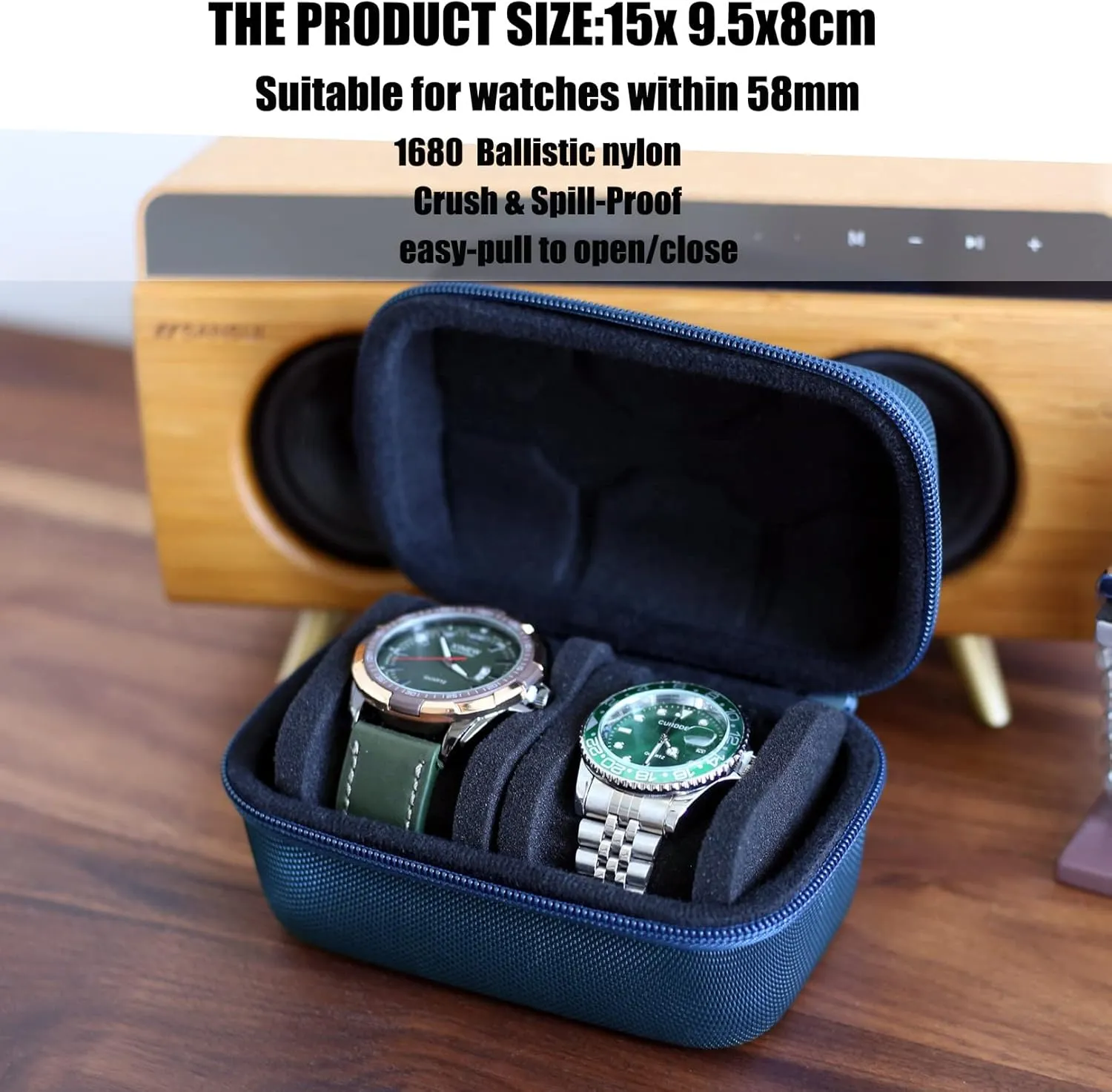 watch box organizer for men or Women 2 watch travel case Portable Storage watch display holder for Wristwatches and Smart Watches up to 58mm(Blue2 slot)