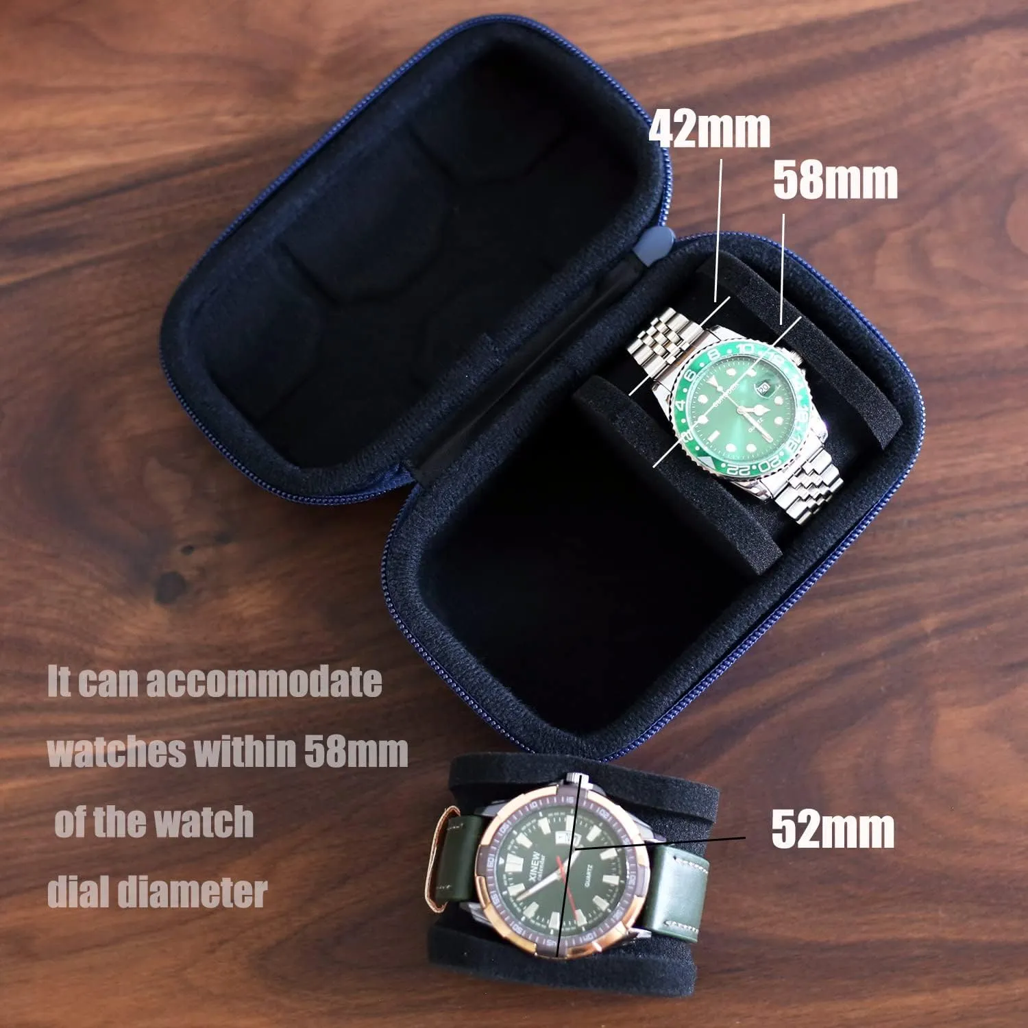 watch box organizer for men or Women 2 watch travel case Portable Storage watch display holder for Wristwatches and Smart Watches up to 58mm(Blue2 slot)